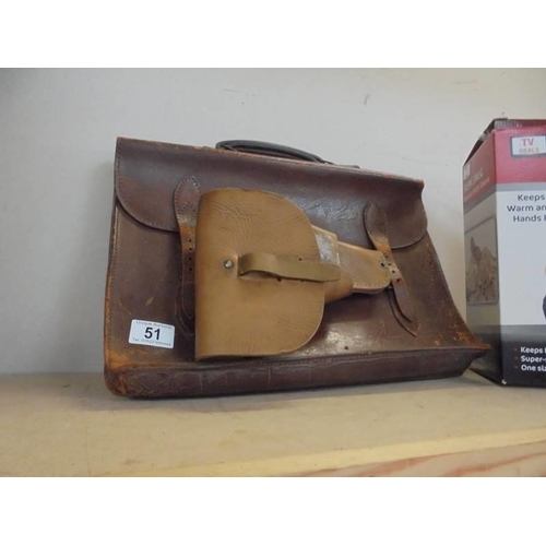 51 - An old leather briefcase, a leather collar box and a gun holster.