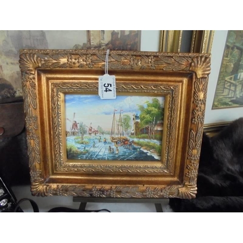 54 - A gilt framed painting of a river scene signed but indistinct, 30 x 25 cm.