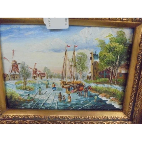 54 - A gilt framed painting of a river scene signed but indistinct, 30 x 25 cm.