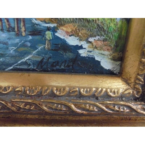 54 - A gilt framed painting of a river scene signed but indistinct, 30 x 25 cm.