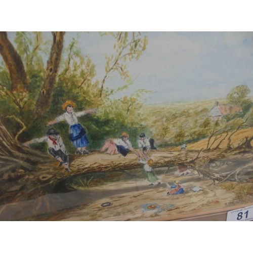 81 - A framed and glazed watercolour featuring children at play, signed but indistinct.