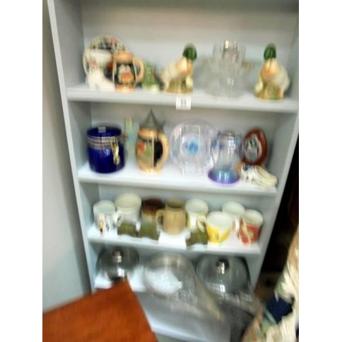 89 - Five shelves of ceramics, glass and three stainless steel pans, COLLECT ONLY.