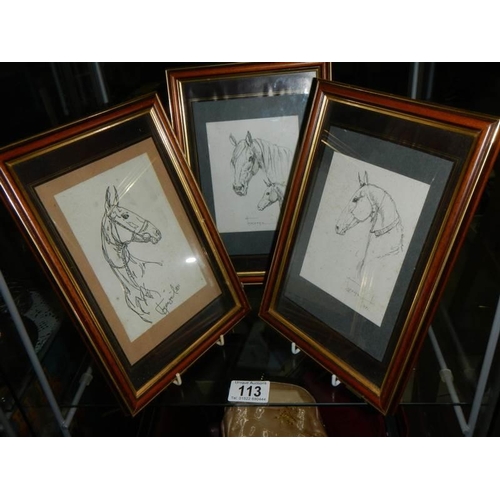 113 - Three framed and glazed studies of horses, signed but indistinct.