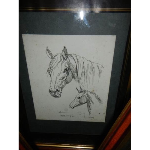 113 - Three framed and glazed studies of horses, signed but indistinct.