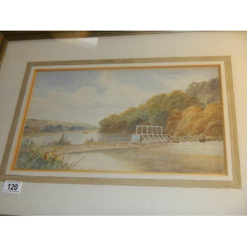 120 - A framed and glazed watercolour river scene signed Allan, COLLECT ONLY.