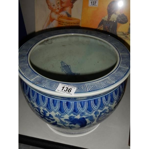 136 - An old blue and white Chinese fish bowl, COLLECT ONLY.