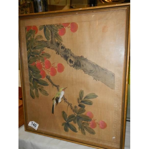 140 - A framed and glazed Chinese painting featuring a bird, COLLECT ONLY.