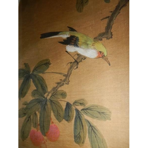 140 - A framed and glazed Chinese painting featuring a bird, COLLECT ONLY.