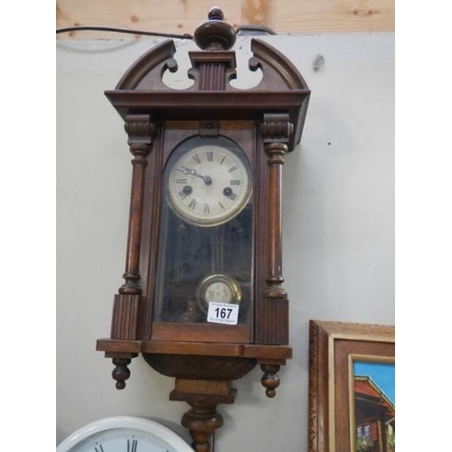 167 - A mahogany wall clock, COLLECT ONLY.