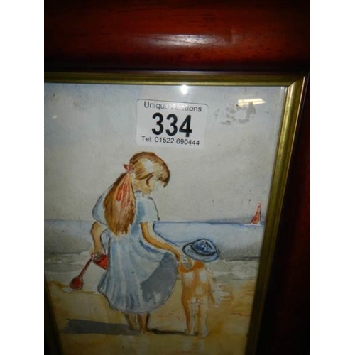 334 - A framed and glazed study of children on a beach. COLLECT ONLY.