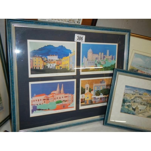 386 - Eight framed and glazed prints,. COLLECT ONLY.