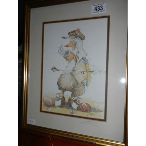 433 - A framed and glazed watercolour of a golfing duck signed L Porter, COLLECT ONLY.