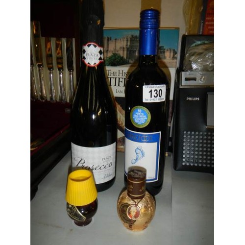 130 - Two bottles of wine and two miniatures, COLLECT ONLY.