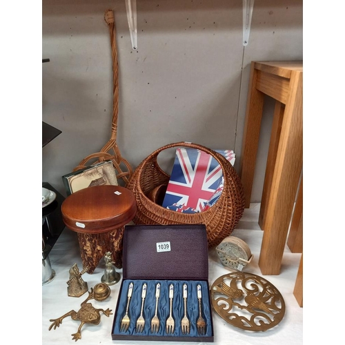 1039 - A wicker basket. wooden stool, brass items & place mats etc. COLLECT ONLY