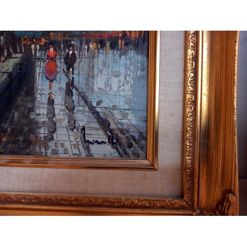 1072 - 2 stylized oil on canvas of street scenes in gilt frames COLLECT ONLY