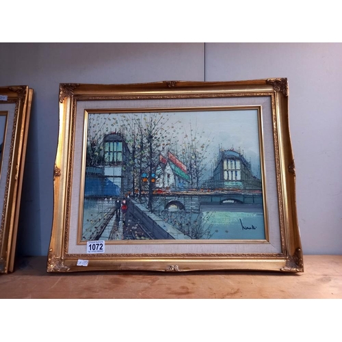 1072 - 2 stylized oil on canvas of street scenes in gilt frames COLLECT ONLY