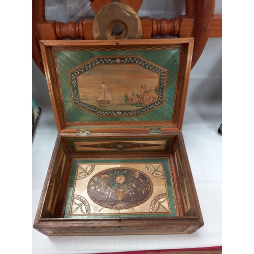 1203 - A Prisoner Of War 19th century straw work box with figural scene to lid and ship at sea scene to int... 