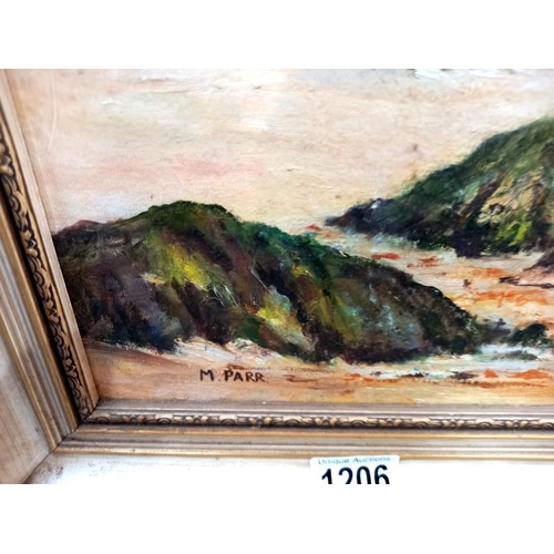 1206 - A large vintage oil on board of a beach scene signed M. Parr COLLECT ONLY