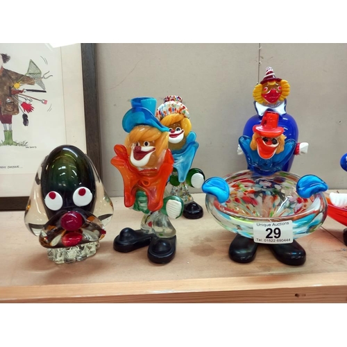 29 - 7 Murano art glass clowns and a dog