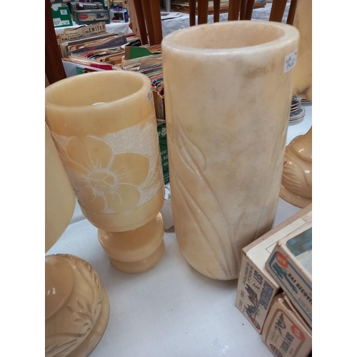 69 - A pair of polished alabaster table lamps plus 2 others and a vase COLLECT ONLY