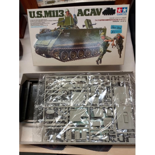 114 - 5 boxed Tamiya 1/35 scale military vehicles, British army chieftain MK5 box empty, Leopard and Jeep ... 