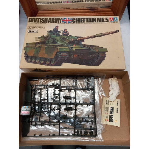 114 - 5 boxed Tamiya 1/35 scale military vehicles, British army chieftain MK5 box empty, Leopard and Jeep ... 