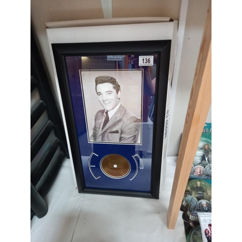 136 - Elvis Presley gold disc/with real single hair framed print, (new, taken out of box for photo) COLLEC... 