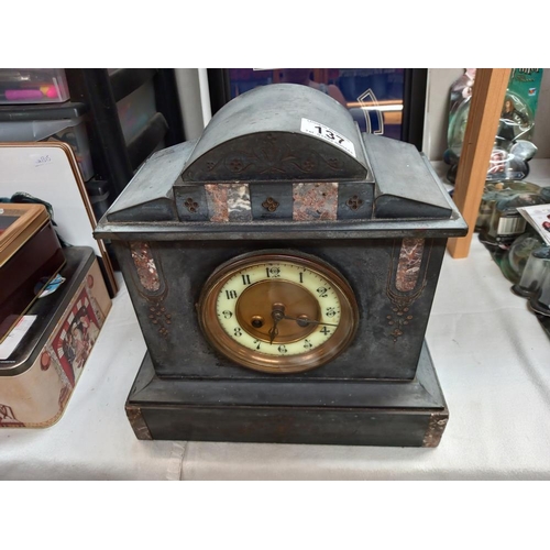 137 - Edwardian black slate mantle clock COLLECT ONLY