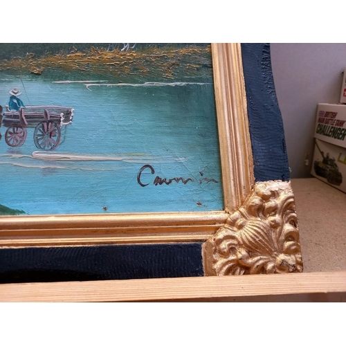 143 - A framed oil on board, European school, naive scene signed but  indistinct COLLECT ONLY