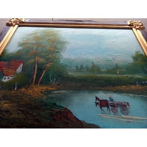 143 - A framed oil on board, European school, naive scene signed but  indistinct COLLECT ONLY