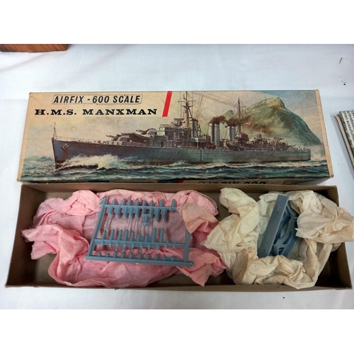 90 - A qty of vintage airfix etc model kits. HMS Manxman & Kumano incomplete Ark Royal started