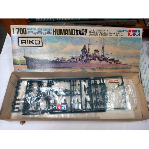 90 - A qty of vintage airfix etc model kits. HMS Manxman & Kumano incomplete Ark Royal started