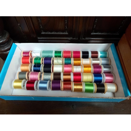 153 - A sewing box & contents including cotton reels & buttons etc. COLLECT ONLY.