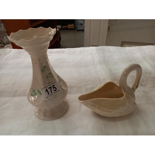 175 - A Belleek swan planter & a Belleek vase