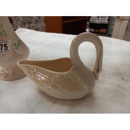 175 - A Belleek swan planter & a Belleek vase