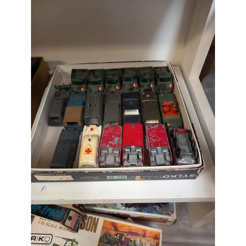 186 - 2 trays of repainted Matchbox military vehicles  & plastic soldiers etc.