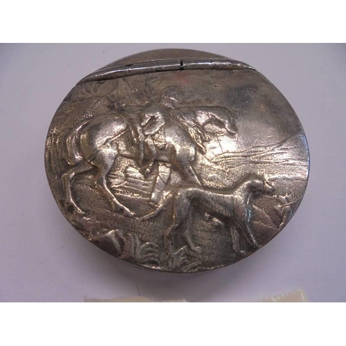 1028 - A James Dixon Cornish pewter snuff box with hunting scene lid.