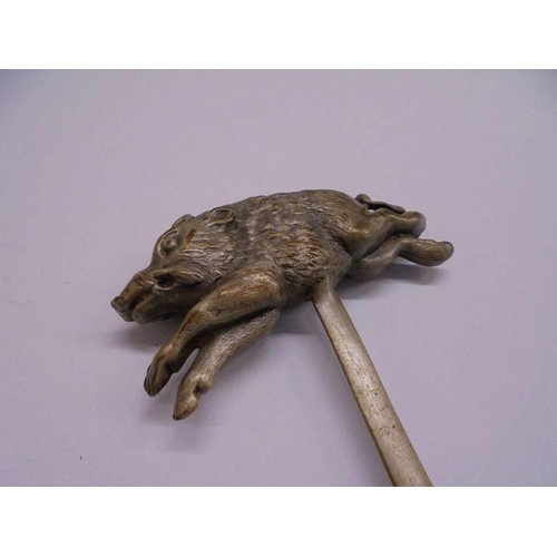 1030 - A vintage French silver plated meat skewer with wild boar finial.