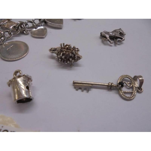 1041 - A silver charm bracelet with padlock and 22 charms (2 marked 925, others not marked) and 4 charms.