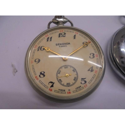 1058 - Two USSR pocket watches featuring railway engines (1 working) and a full hunter pocket watch.