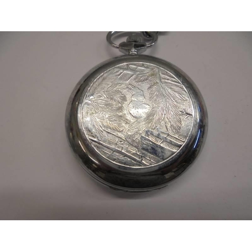 1058 - Two USSR pocket watches featuring railway engines (1 working) and a full hunter pocket watch.