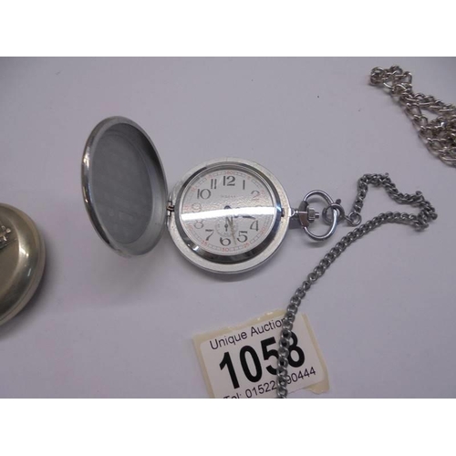 1058 - Two USSR pocket watches featuring railway engines (1 working) and a full hunter pocket watch.