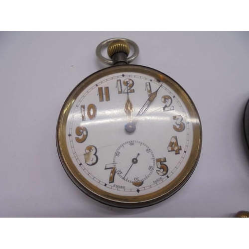 1059 - Three old pocket watches (2 working) a fob watch (working) and a stop watch a/f.