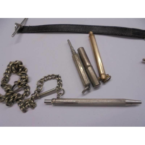 1060 - Two silver pencils, other pencils, watch chains etc.,