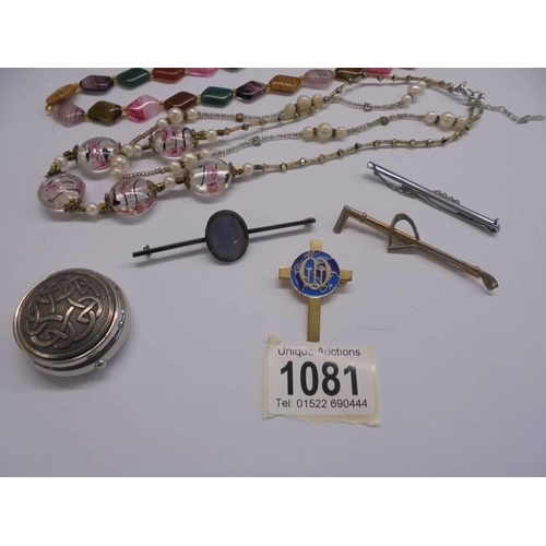 1081 - Three stone necklaces, a white metal bangle, a pill box etc.,