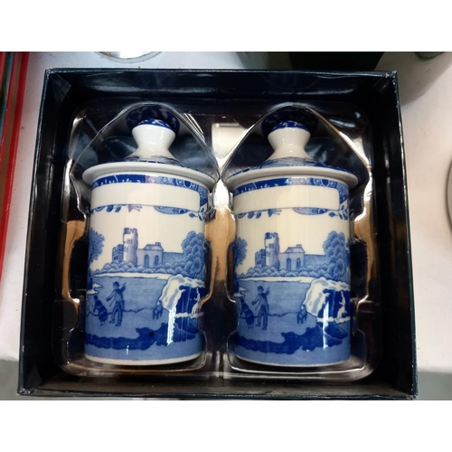 12 - A 12 piece Spode coffee set and a boxed set of two Spode spice jars