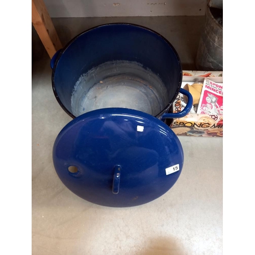 15 - A large enamel saucepan, 3 pails (2 of which have round bottoms, so possibly fire pails) and a boxed... 