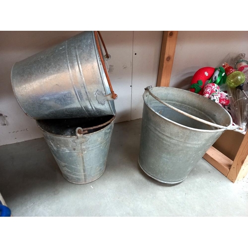 15 - A large enamel saucepan, 3 pails (2 of which have round bottoms, so possibly fire pails) and a boxed... 