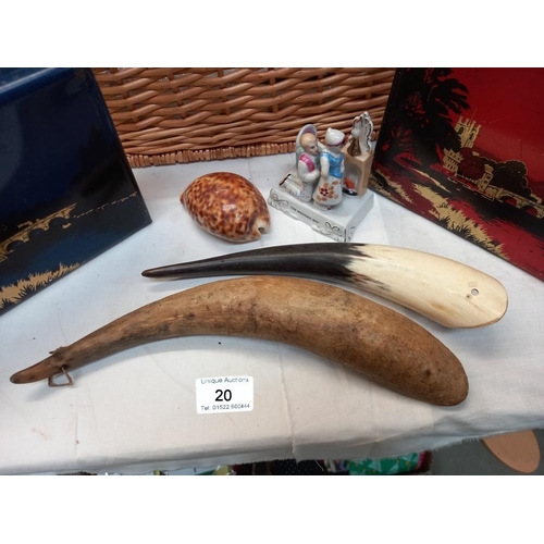 20 - A mixed lot including vintage tins, cow's horns, a fairing entitled 'The wedding night' and a shell