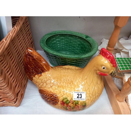 23 - A large lidded chicken egg holder and a large lidded fish dish marked KIL00401 COLLECT ONLY